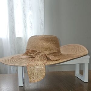 Tan Wide-Brim Sun Hat with Floppy Brim and Bow